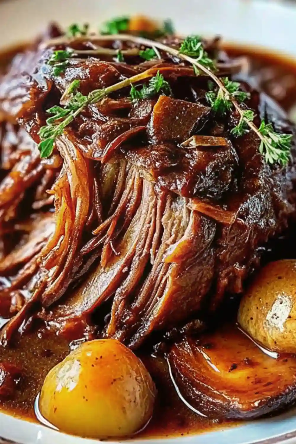 Beef roast crockpot recipe with tender meat, potatoes, and rich brown gravy on a white plate