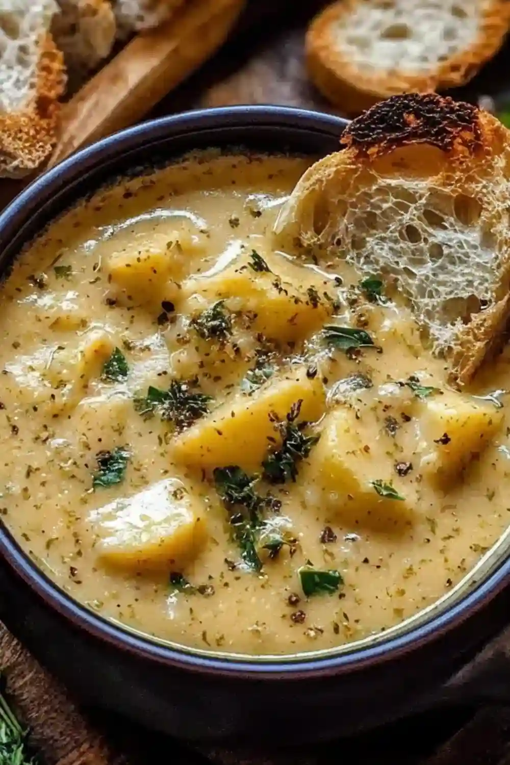 Cozy Fall Soup Recipes featuring a creamy cheddar garlic herb potato soup served in a rustic bowl with toasted bread and fresh herbs.