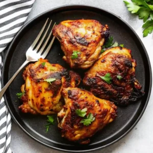 Maple glazed chicken thighs served on a black plate with parsley garnish, one of the best fall chicken dinner ideas full of cozy flavor and autumn warmth.