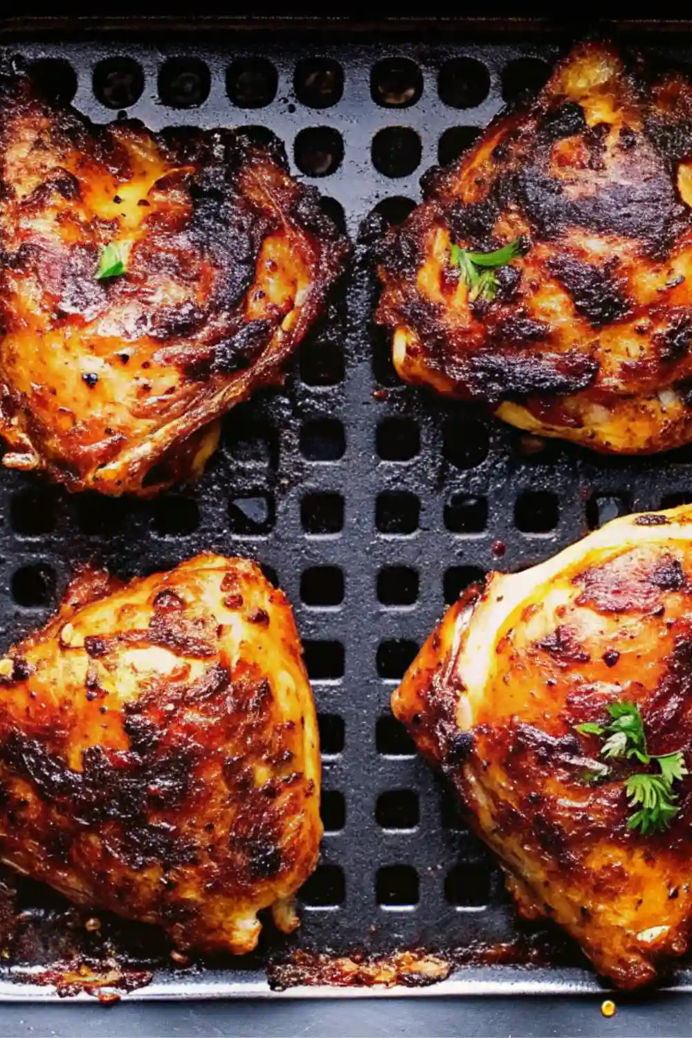 Air fryer maple glazed chicken thighs with crispy skin and thick glaze, cooked to golden perfection inside a perforated fryer basket.