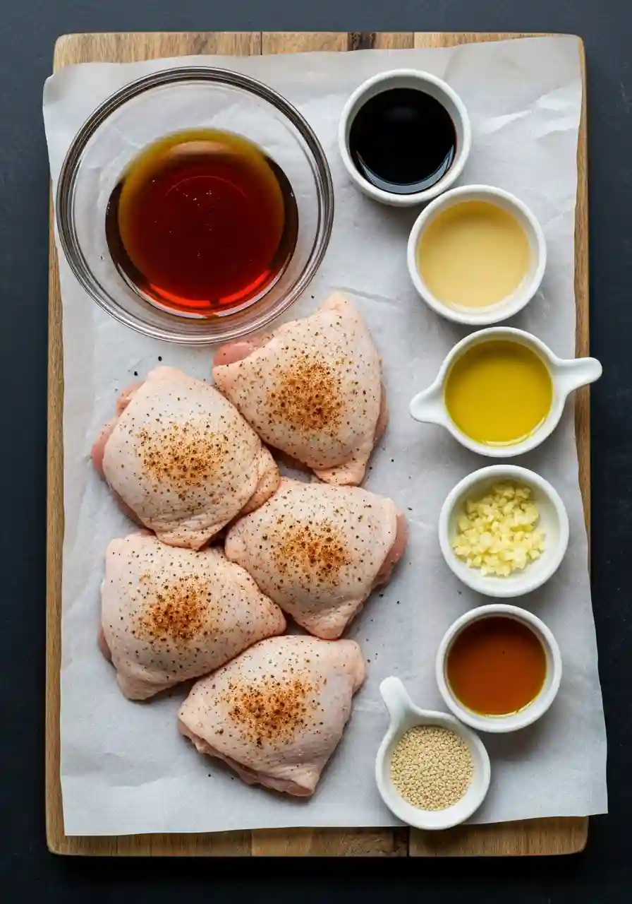 Ingredients for maple glazed chicken thighs including raw seasoned chicken, maple syrup, soy sauce, vinegar, garlic, olive oil, and sesame oil on parchment paper.