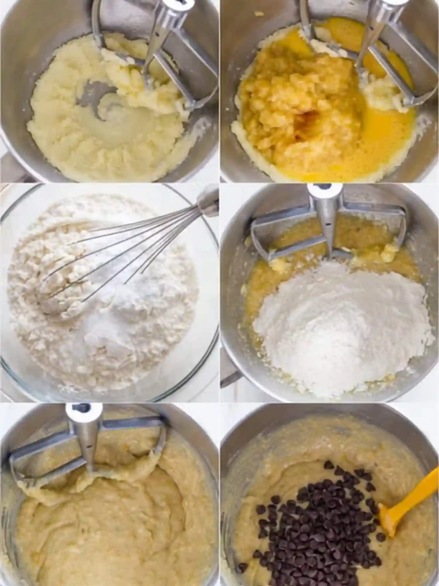 Step-by-step preparation of chocolate chip banana bread recipe with mashed bananas, flour mixture, and chocolate chips in mixing bowls.