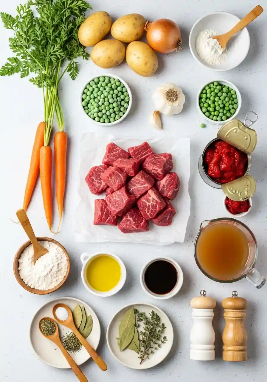 Flat lay of fresh ingredients for the best beef stew recipe including beef chunks, carrots, potatoes, peas, broth, herbs and seasonings