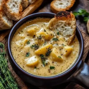 Cozy Fall Soup Recipes featuring a creamy cheddar garlic herb potato soup served in a rustic bowl with toasted bread and fresh herbs.
