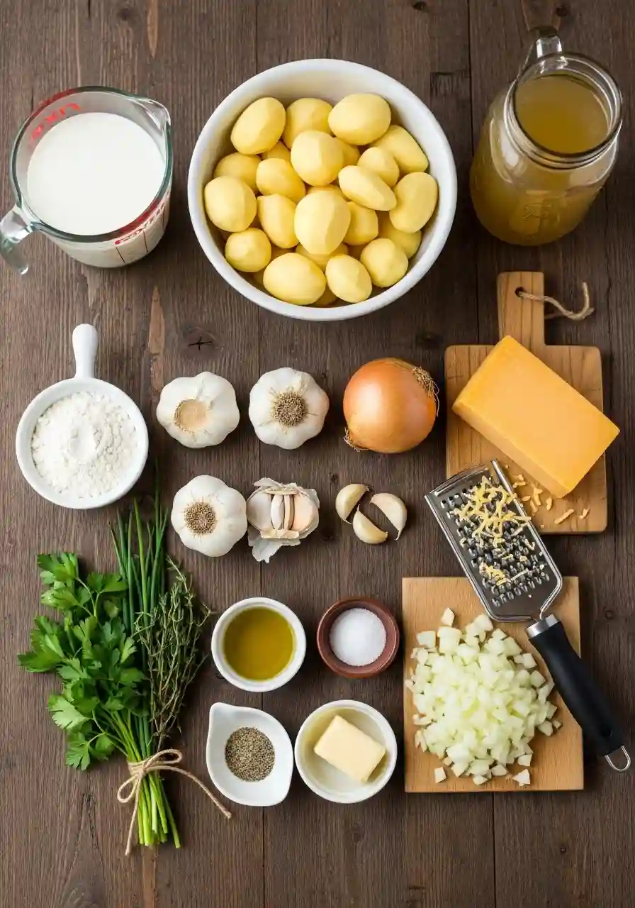 Flat lay of Cheddar Garlic Herb Potato Soup ingredients including peeled potatoes, cheddar cheese, garlic, onion, milk, broth, butter, herbs, and seasoning