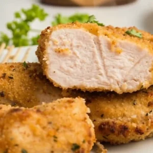 Crispy air fryer Parmesan crusted chicken breast served on a plate, part of the Best Comfort Food Recipes collection, showing golden crust and juicy inside.