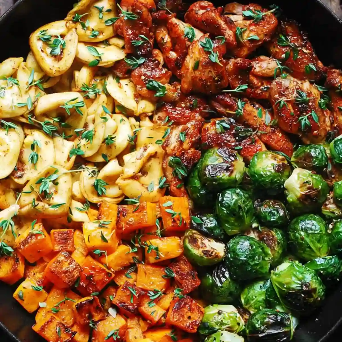 Top view of Roasted Chicken with Autumn Vegetables featuring chicken thighs, caramelized butternut squash, crispy Brussels sprouts, and cheese tortellini in garlic butter, garnished with fresh thyme.
