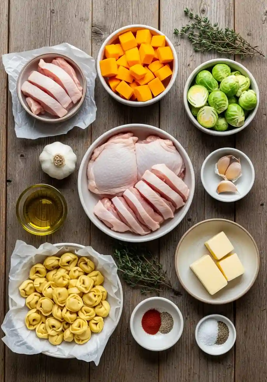 Flat lay of raw ingredients for roasted chicken with autumn vegetables, including chicken thighs, butternut squash, Brussels sprouts, tortellini, garlic, butter, olive oil, spices, and thyme, arranged in ceramic bowls on a rustic wooden surface.