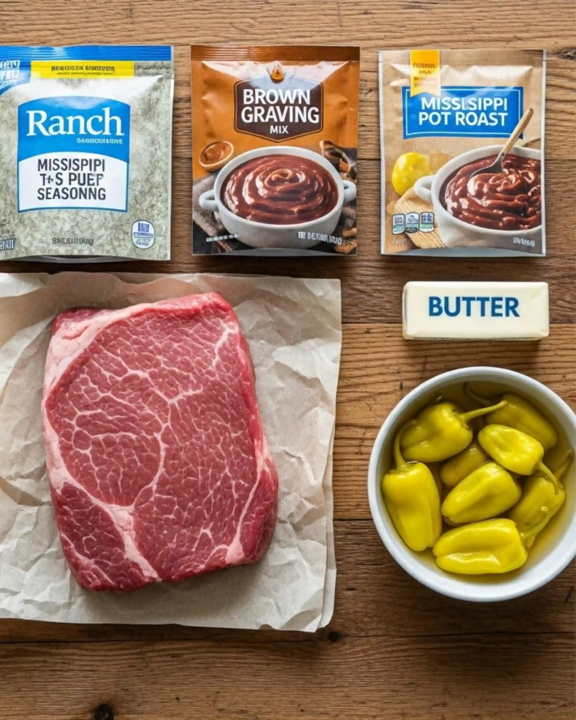 Flat lay of Mississippi Pot Roast ingredients including chuck roast, ranch seasoning, brown gravy mix, butter, and pepperoncini peppers