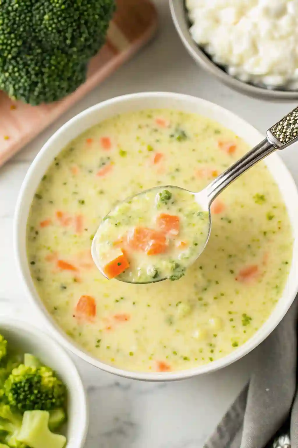 Spoonful of high protein broccoli cheddar soup with visible chunks of broccoli, carrots, and melted cheese above a creamy soup bowl.