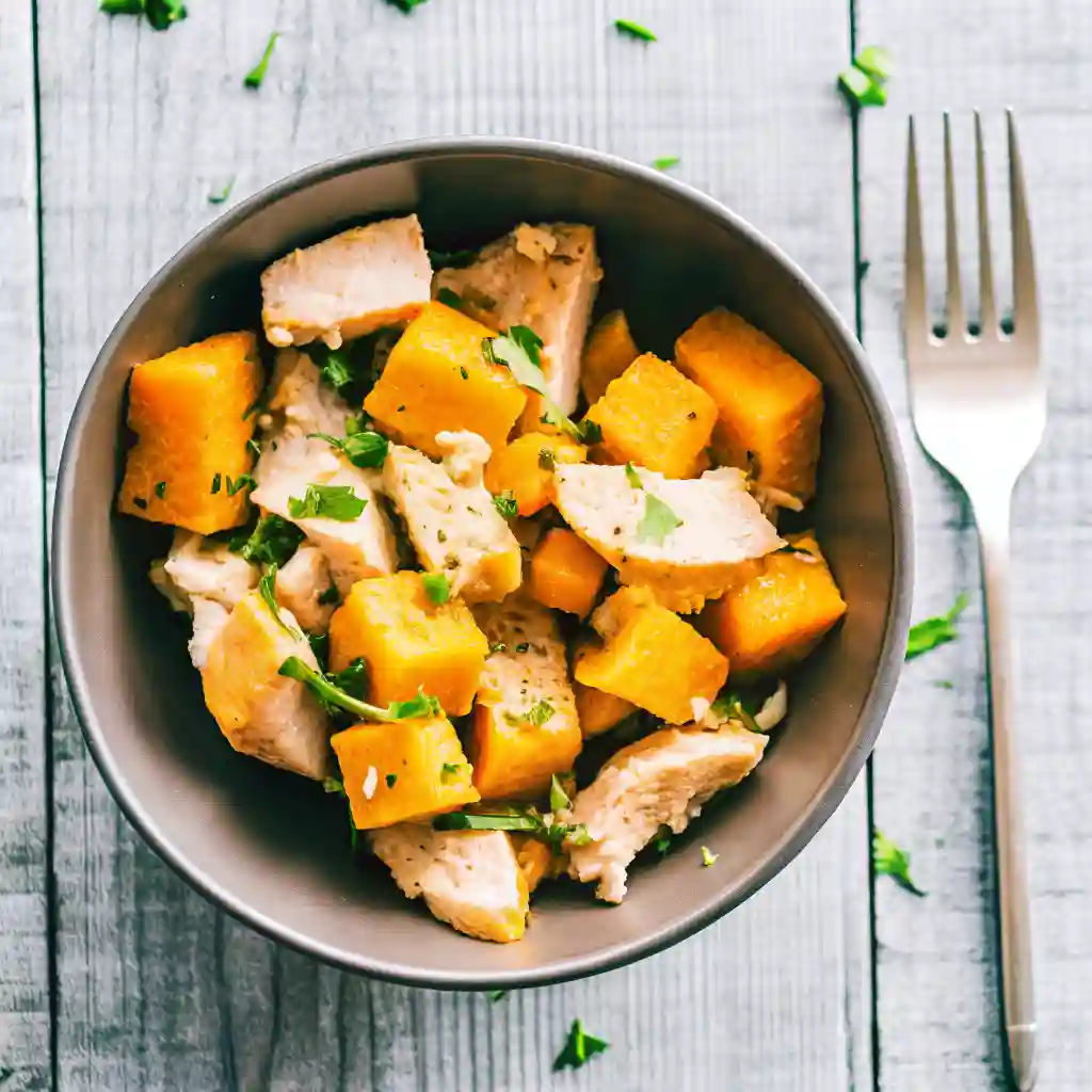 Bowl of roasted one pan chicken and butternut squash with parsley on a wooden table