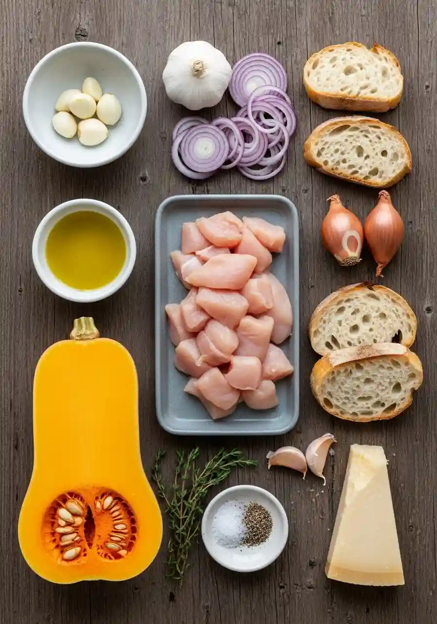 Flat lay of raw ingredients for one pan chicken and butternut squash including cubed chicken, squash, garlic, onions, bread, herbs and olive oil