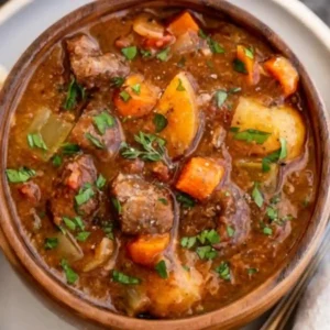 Bowl of slow cooker venison stew with tender meat, carrots, potatoes, and herbs in a rich brown broth