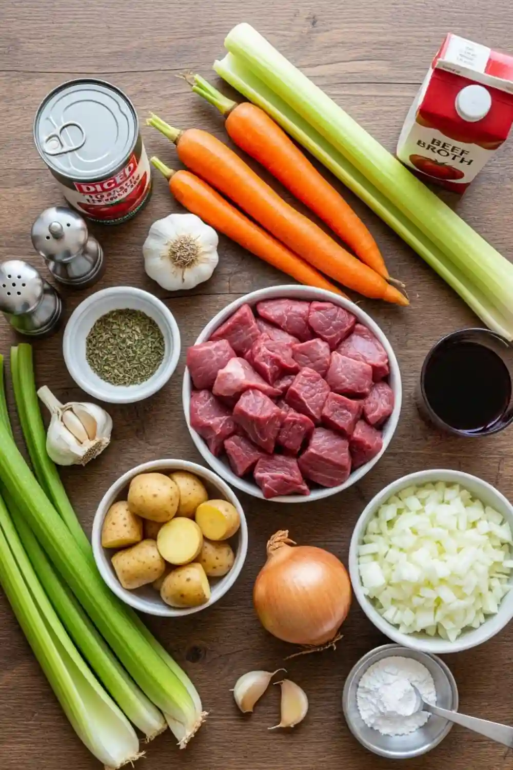 Raw ingredients for slow cooker venison stew including cubed deer meat, carrots, potatoes, celery, onions, garlic, herbs, tomatoes, broth, and red wine