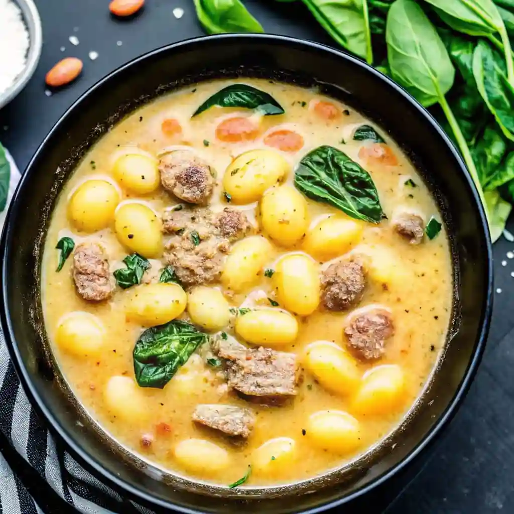 creamy Italian sausage gnocchi soup in a black bowl with spinach and sausage pieces on a dark background