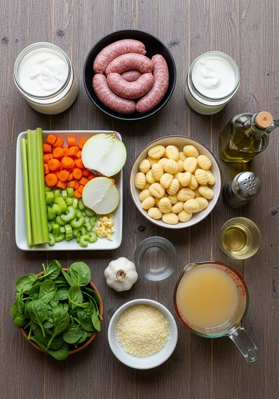 fresh ingredients for creamy Italian sausage gnocchi soup arranged on a wooden table, including sausage, gnocchi, vegetables, cream, broth, and spinach
