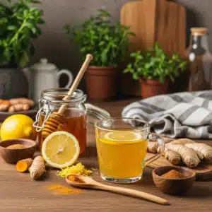 Honey Trick Recipe with lemon, ginger, and turmeric drink on a wooden table surrounded by fresh ingredients