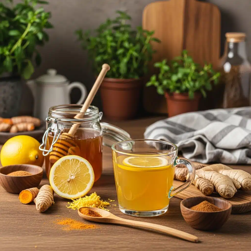Honey Trick Recipe with lemon, ginger, and turmeric drink on a wooden table surrounded by fresh ingredients