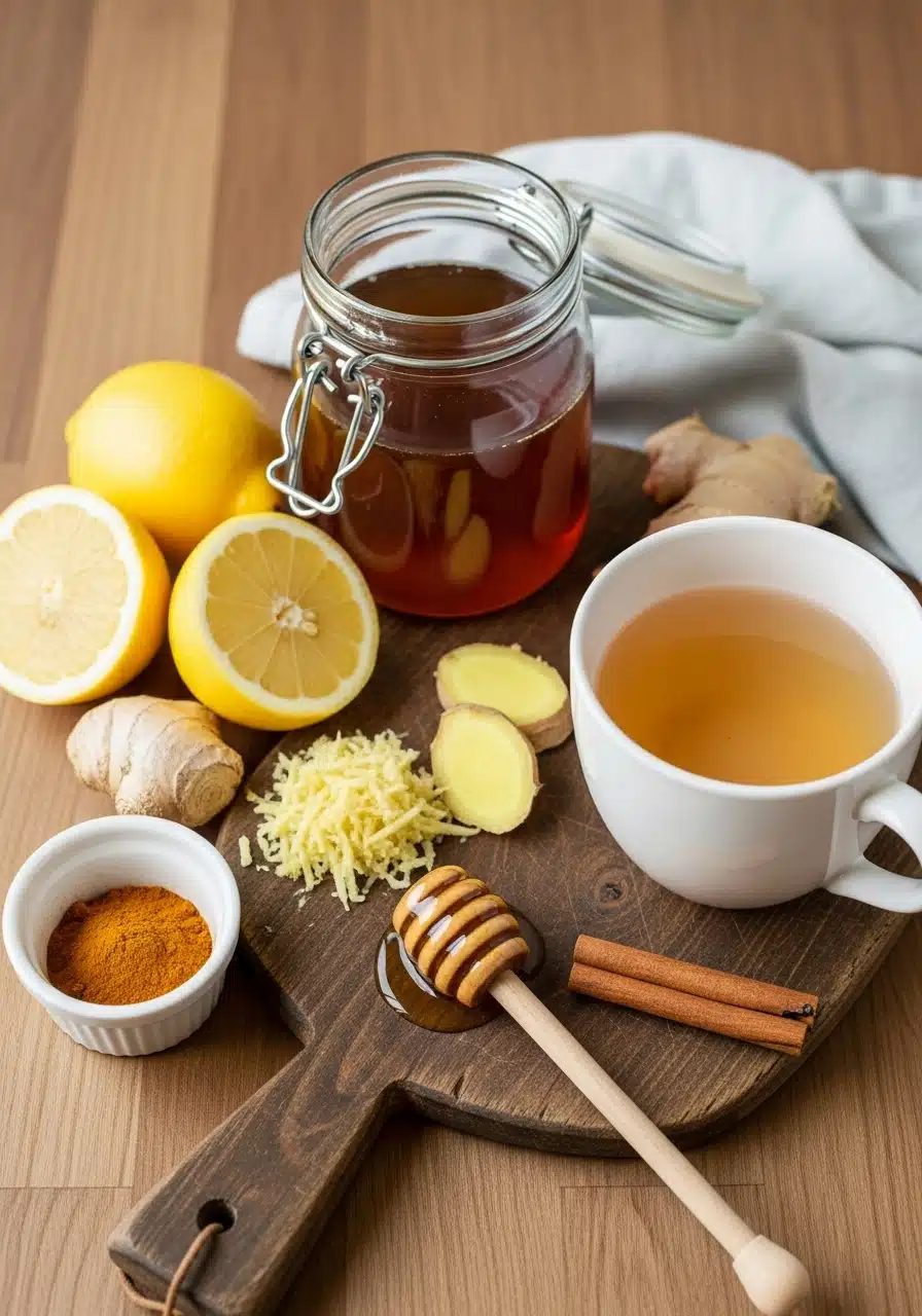 Honey Trick Recipe Ingredients with Lemon, Ginger, and Turmeric Honey Trick Recipe ingredients including raw honey, lemon, ginger, turmeric, and cinnamon on a wooden board.