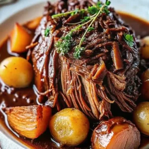 Beef roast crockpot recipe with tender meat, potatoes, and rich brown gravy on a white plate