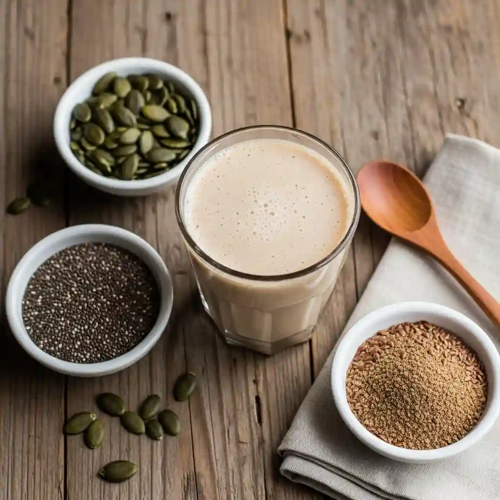 Bariatric Seed Trick Recipe drink with chia, flax, and pumpkin seeds on wooden table