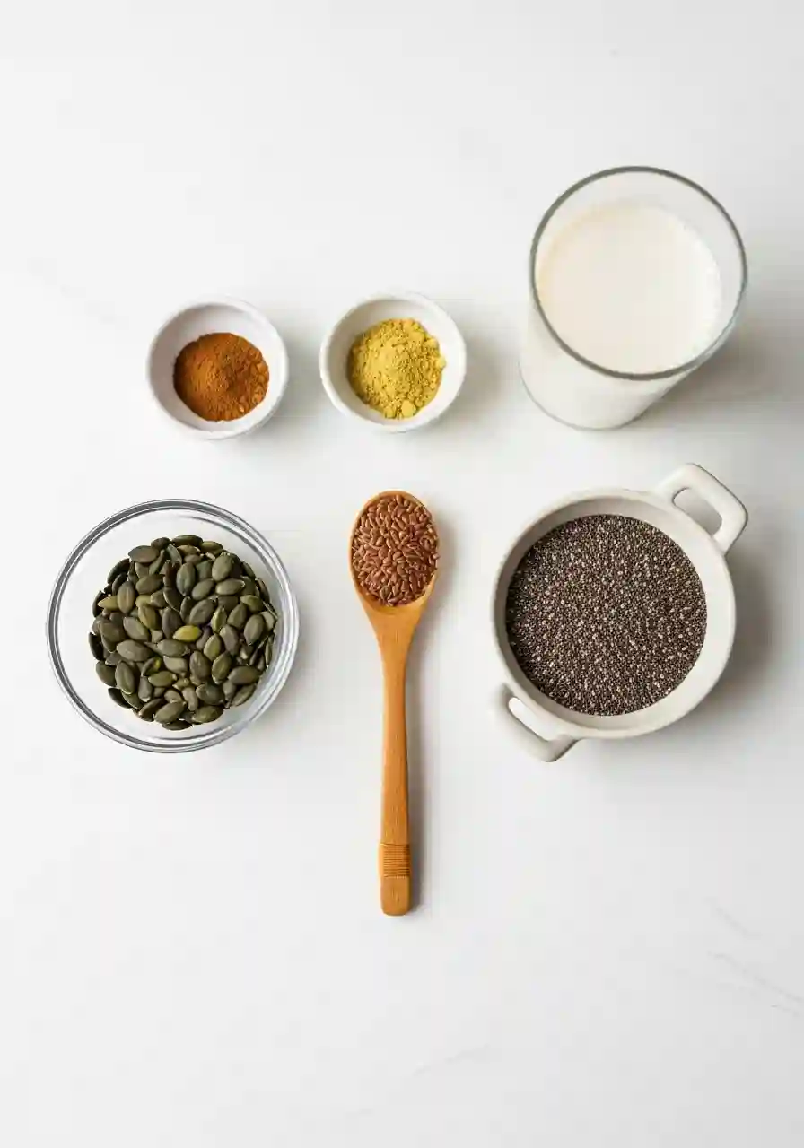 Bariatric Seed Trick Recipe Ingredients Laid Out Ingredients for Bariatric Seed Trick Recipe including chia, flax, pumpkin seeds, and plant milk