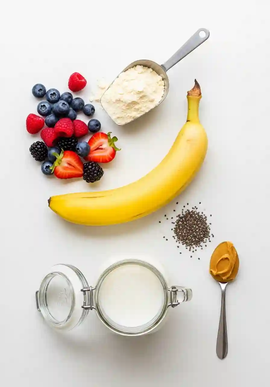 Flat lay of banana berry protein smoothie ingredients including banana, mixed berries, protein powder, chia seeds, milk, and peanut butter on a white background
