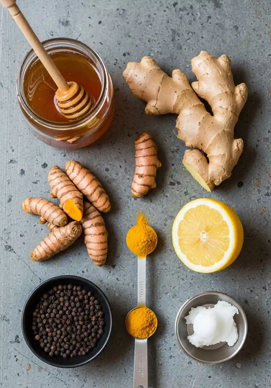 Detox Drink Ingredients Featuring Raw Honey and Turmeric Top-down view of raw honey, fresh turmeric, ginger, lemon, black pepper, coconut oil, and turmeric powder for a detox drink recipe