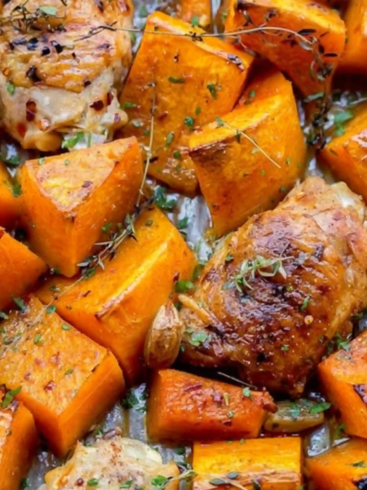 Roasted chicken thighs with golden squash cubes and herbs on a sheet pan, showing one of the chicken sheet pan recipes perfect for a cozy dinner.
