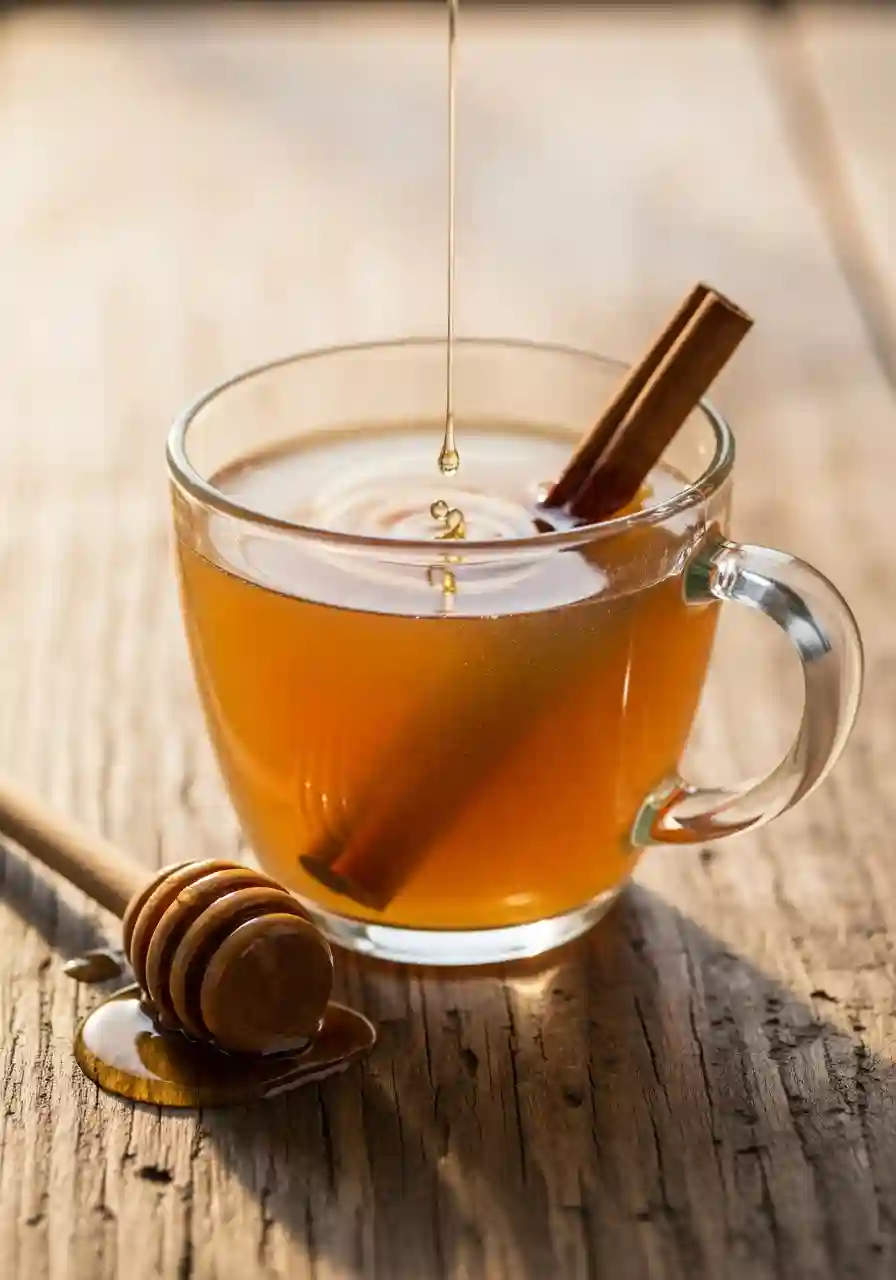 A glass mug filled with the Cinnamon and Honey Fat Burning Mix as honey drips into the warm drink, with a cinnamon stick inside and a honey dipper on a wooden surface.