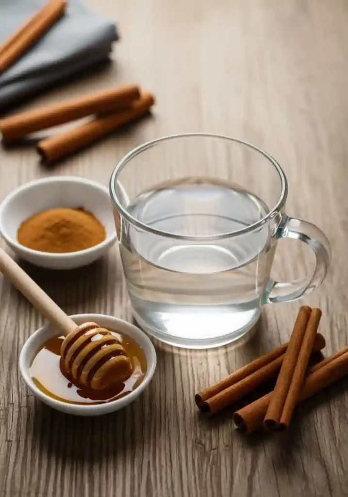 Ingredients for the Cinnamon and Honey Fat Burning Mix including a glass of warm water, ground cinnamon in a bowl, raw honey with a honey dipper, and cinnamon sticks on a wooden surface.
