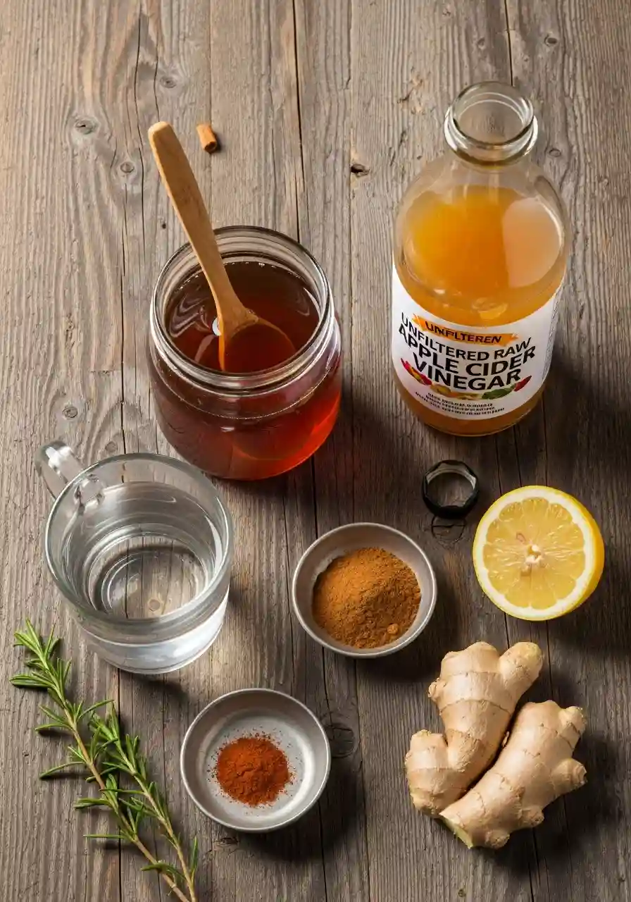 Flat lay of raw ingredients for apple cider vinegar cleanse with honey, lemon, ginger, cinnamon, cayenne, and water on rustic wooden table