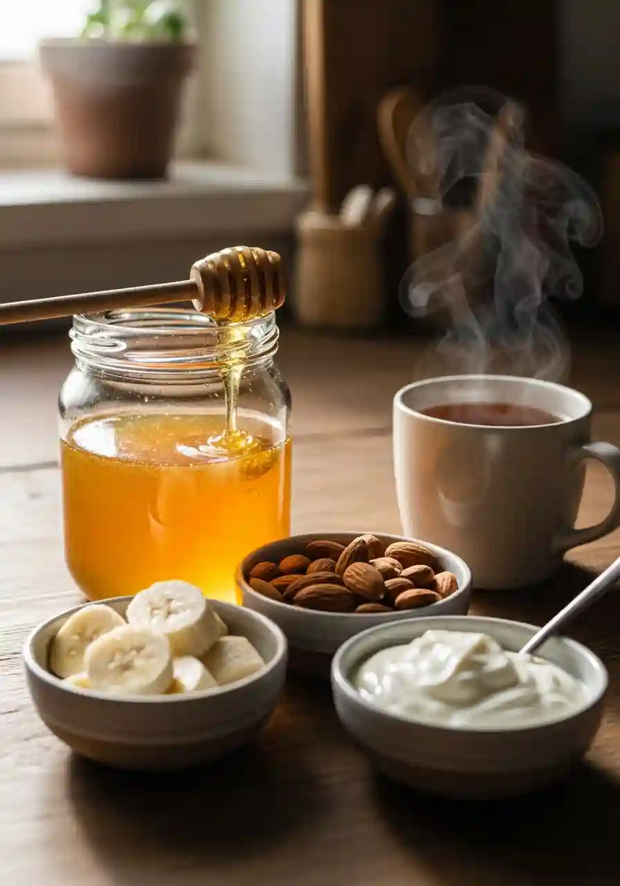 Raw honey, warm tea, sliced bananas, almonds and yogurt arranged on a wooden table for the Honey Before Bed Routine.