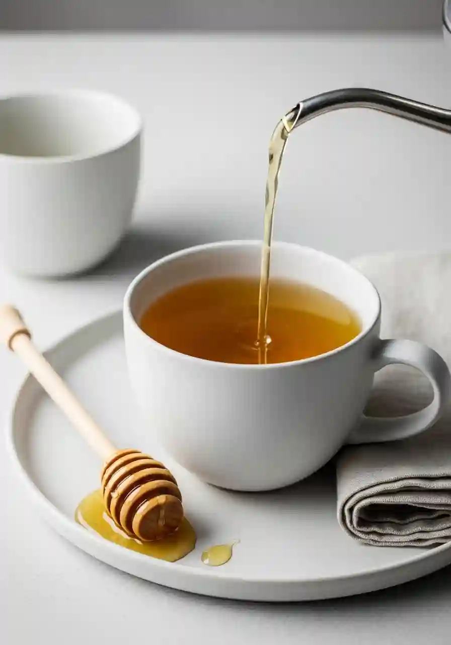 Hot green tea being poured into a white cup with honey dipper on the side.