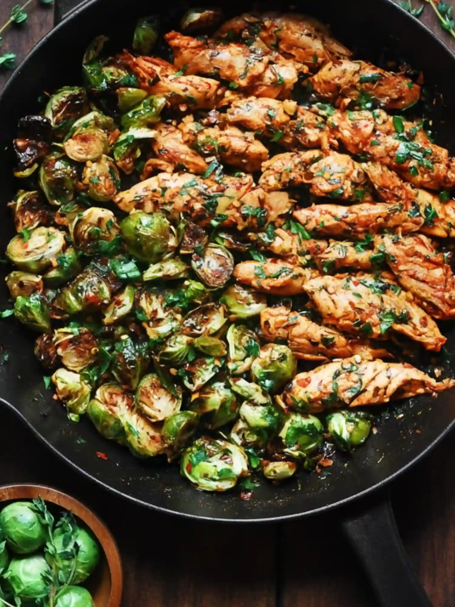 Garlic butter chicken pieces cooked with crispy roasted Brussels sprouts in a skillet, representing one of the chicken sheet pan recipes with rich savory flavors