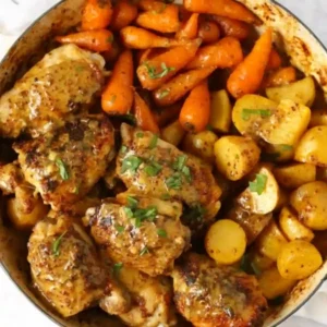 Honey Mustard Chicken and Carrots baked with golden potatoes in a rustic one-pan dinner