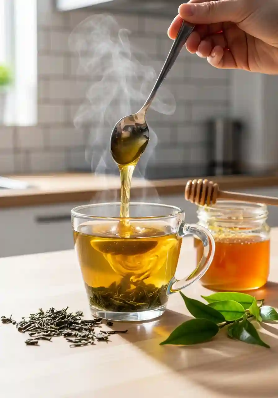 Honey Trick for Weight Loss green tea with honey being poured into a steaming glass cup with tea leaves and a jar of honey on a wooden table.