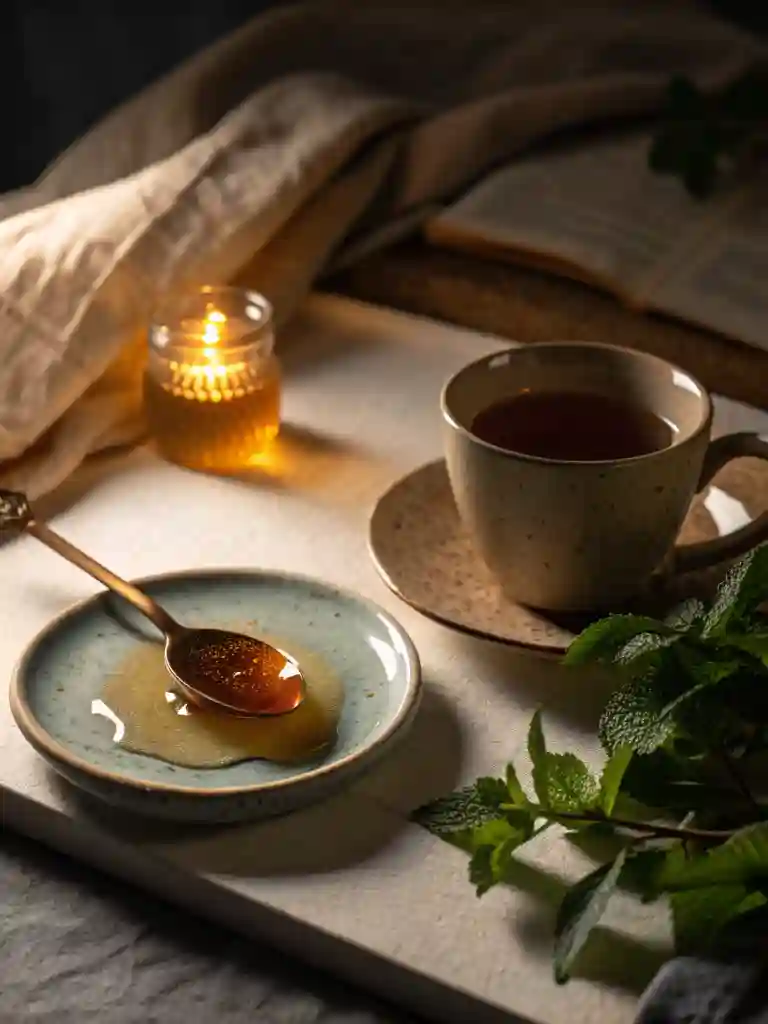 Honey Trick for Weight Loss before bed routine with a cup of warm tea, a spoon of honey, candlelight, and mint leaves on a cozy evening setup.