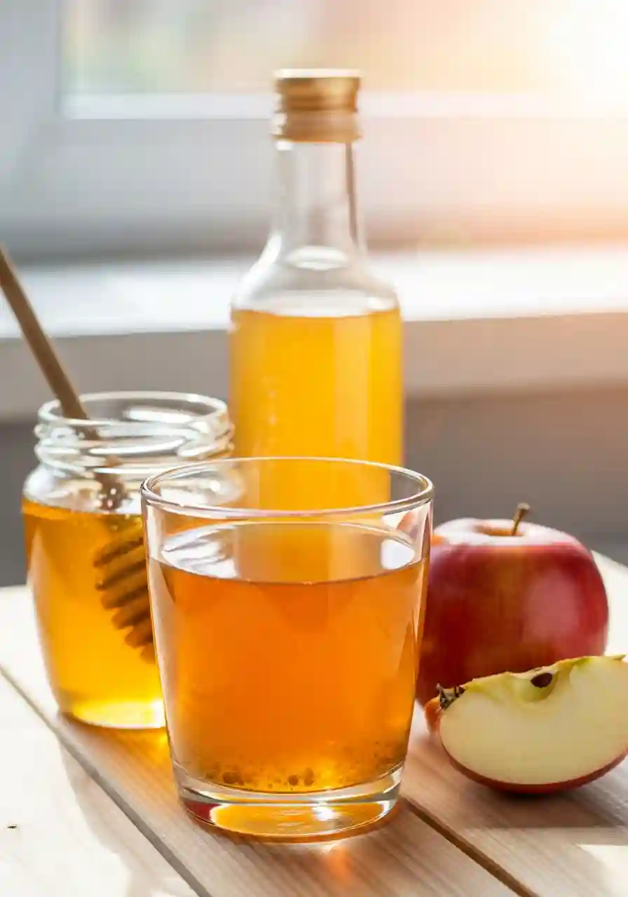 Honey Trick for Weight Loss apple cider vinegar cleanse drink in a glass beside a honey jar and red apple on a wooden table under warm sunlight.