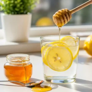 A morning detox drink with honey and lemon in a glass with fresh lemon slices and honey being drizzled from a wooden dipper beside a jar of honey.