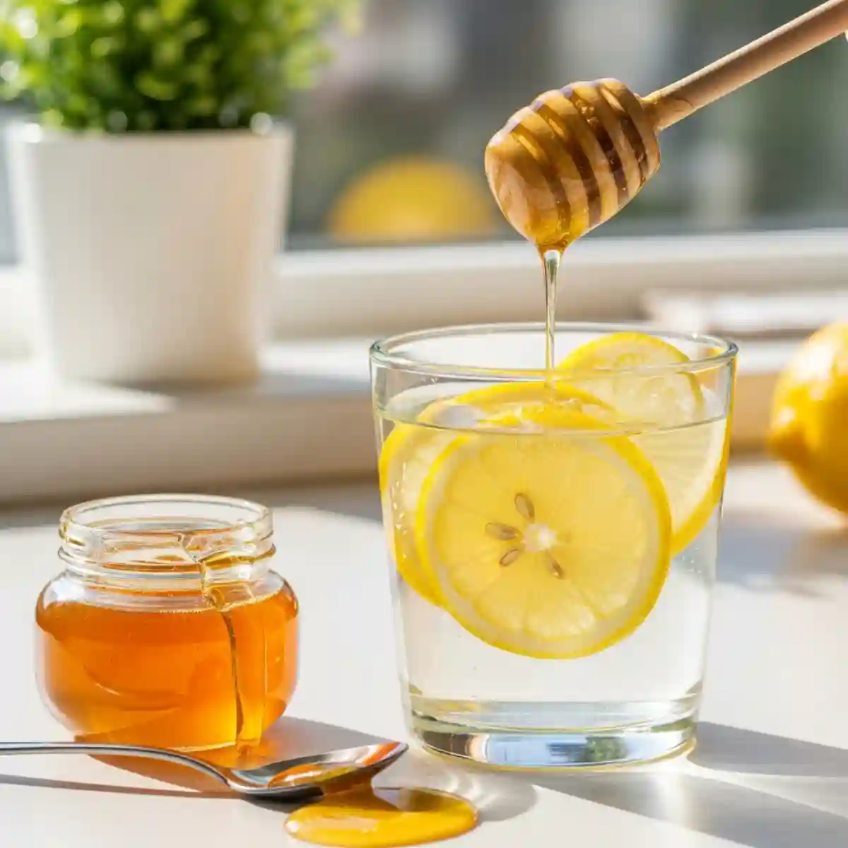 A morning detox drink with honey and lemon in a glass with fresh lemon slices and honey being drizzled from a wooden dipper beside a jar of honey.