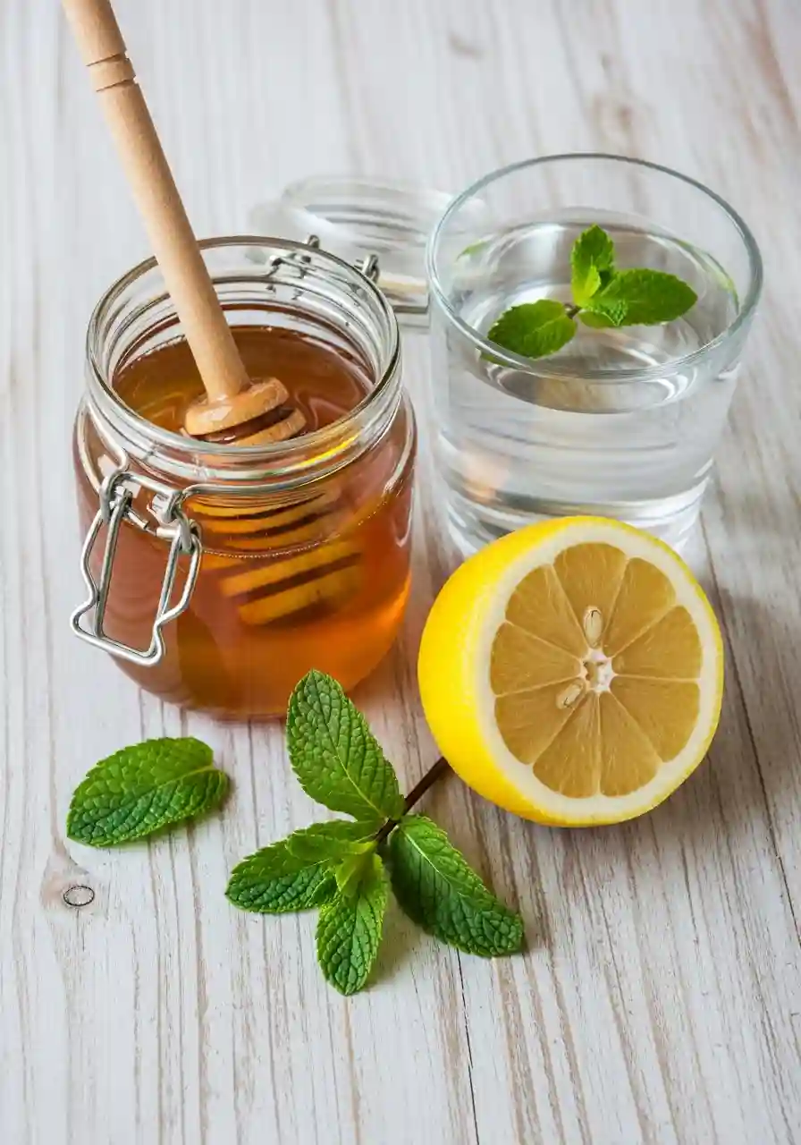 A morning detox drink with honey and lemon ingredients including fresh lemon, raw honey in a jar, mint leaves, and a glass of water.