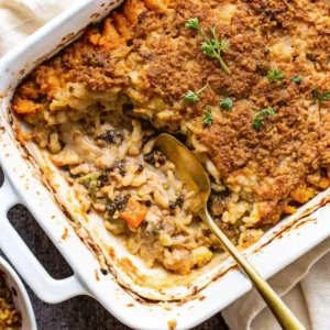Chicken rice casserole fall dish with golden crust, creamy wild rice, and seasonal vegetables in a white baking dish