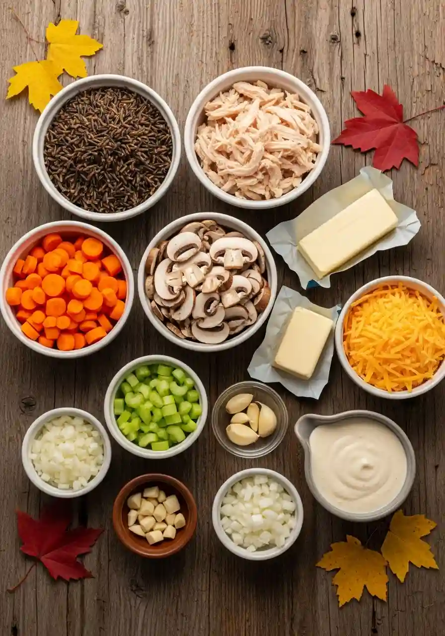 Ingredients for chicken rice casserole fall including wild rice, shredded chicken, vegetables, butter, garlic, and cheddar on a rustic table