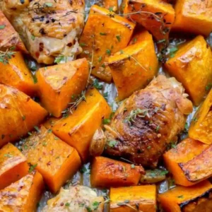 Garlic herb chicken with roasted squash served with fresh herbs on a baking tray