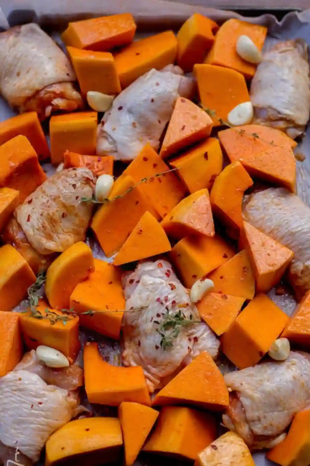 Uncooked garlic herb chicken and butternut squash pieces on a baking tray ready for roasting