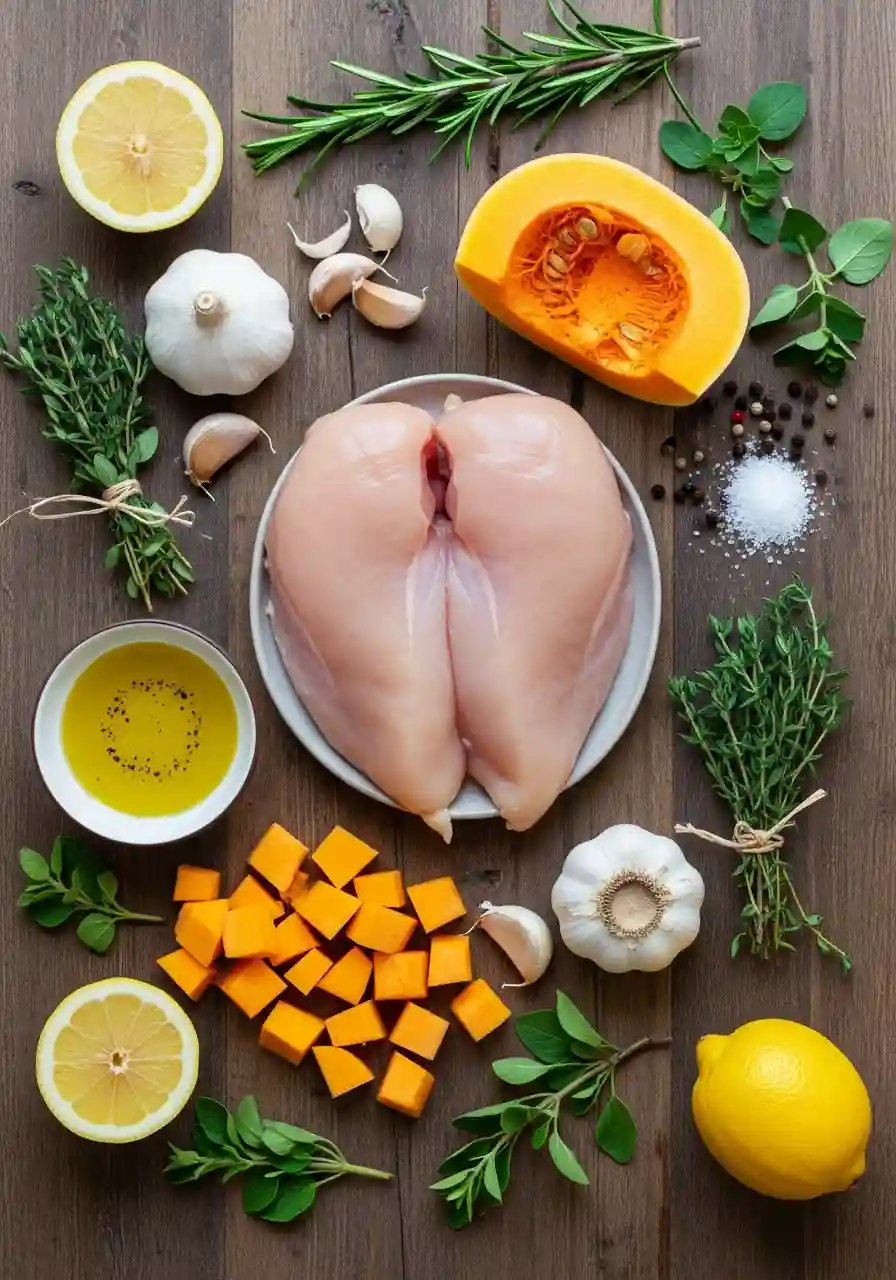 Fresh ingredients for Garlic Herb Chicken with Roasted Squash including Halal chicken breasts, garlic, herbs, olive oil, lemon, and butternut squash