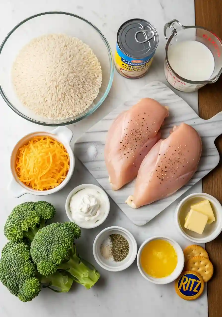 Ingredients for chicken broccoli rice casserole arranged on a marble surface, including raw chicken breasts, broccoli, rice, shredded cheese, and soup.