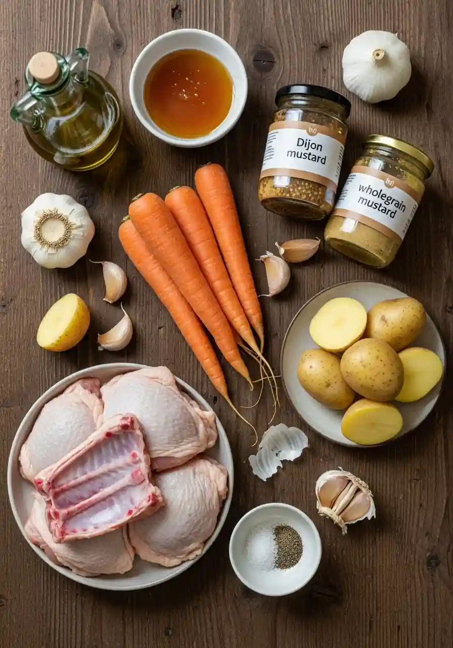 Flat lay of raw chicken thighs, carrots, potatoes, garlic, honey, and mustard on a wooden table for a one pan dinner recipe