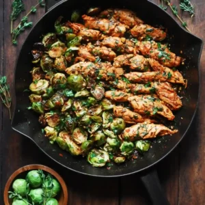 Garlic butter chicken with Brussels sprouts cooked in a cast-iron skillet